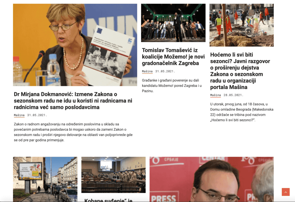 Распоред новинског веб-сајта на хрватском језику, са женом која говори на конференцији за новинаре, мушкарцем у оделу, насловима чланака и мањим сликама догађаја у штампи — истичући контекст колектив уметности и теме солидарности и активизма.