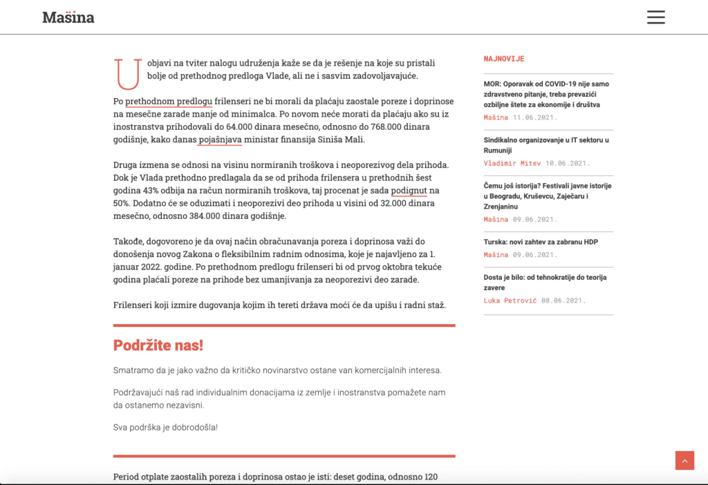 Вести на српском језику на веб-сајту Машина разматрају владине политике плата, смештене у контекст колективне солидарности и активизма, са црвеном бојом истакнутим позивом за донације и бочном траком са повезаним чланцима и датумима објављивања.