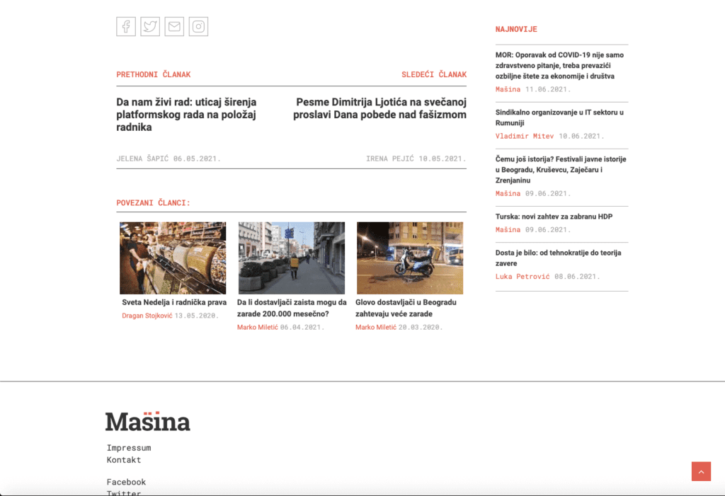 Веб-сајт са вестима на српском језику приказује наслове чланака, слике за преглед и бочну траку са најновијим вестима. Главни одељак садржи приче о уметности и активизму, са сликама испорука и градских улица, плус подножје са линковима ка сајтовима.