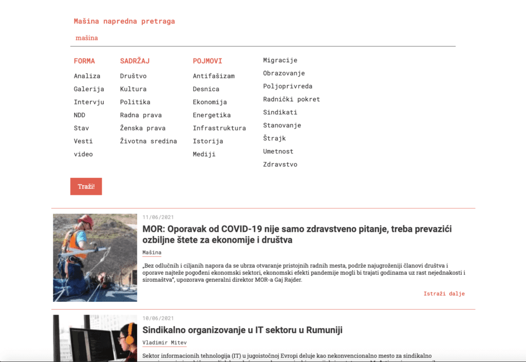 Почетна страница српског новинског веб-сајта са менијем за претрагу са категоријама и ознакама у црвеној и сивој боји, плус вести о COVID-19, ИТ сектору и приче које истичу контекст колектив уметности и солидарности кроз активизам.