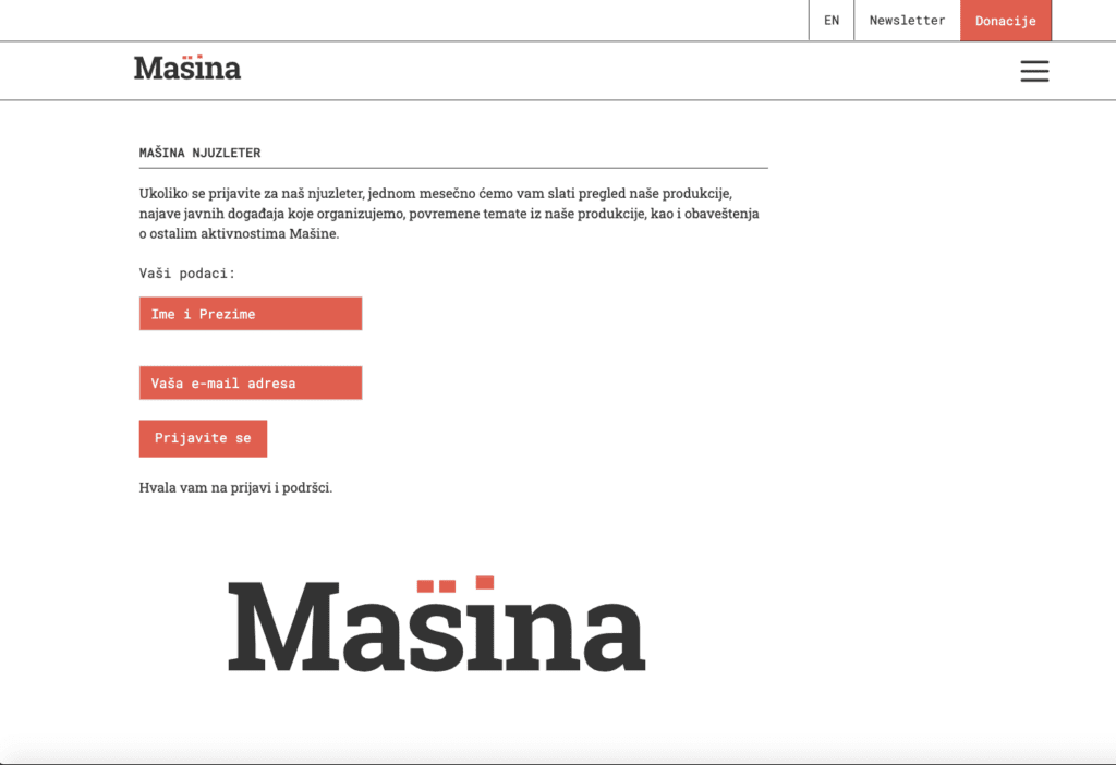 Страница за пријаву на билтен часописа Машина на српском, са пољима за име и имејл адресу, дугметом за пријаву и логотипом часописа Машина подебљаним словима на дну. Навигациона трака нуди опције за језик, билтен, донације и одражава колективну солидарност.